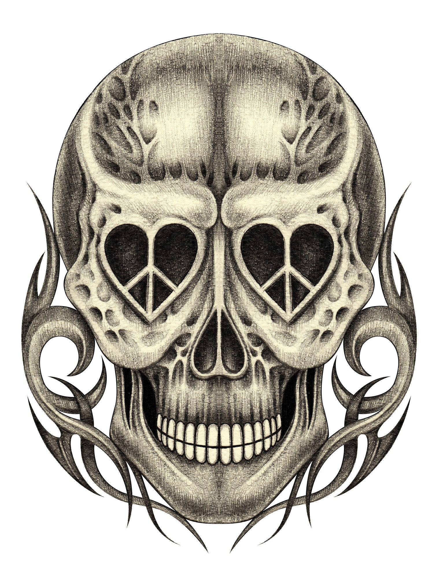 Pencil Sketch Skull with Peace Sign Heart Eyes Vinyl Decal Sticker