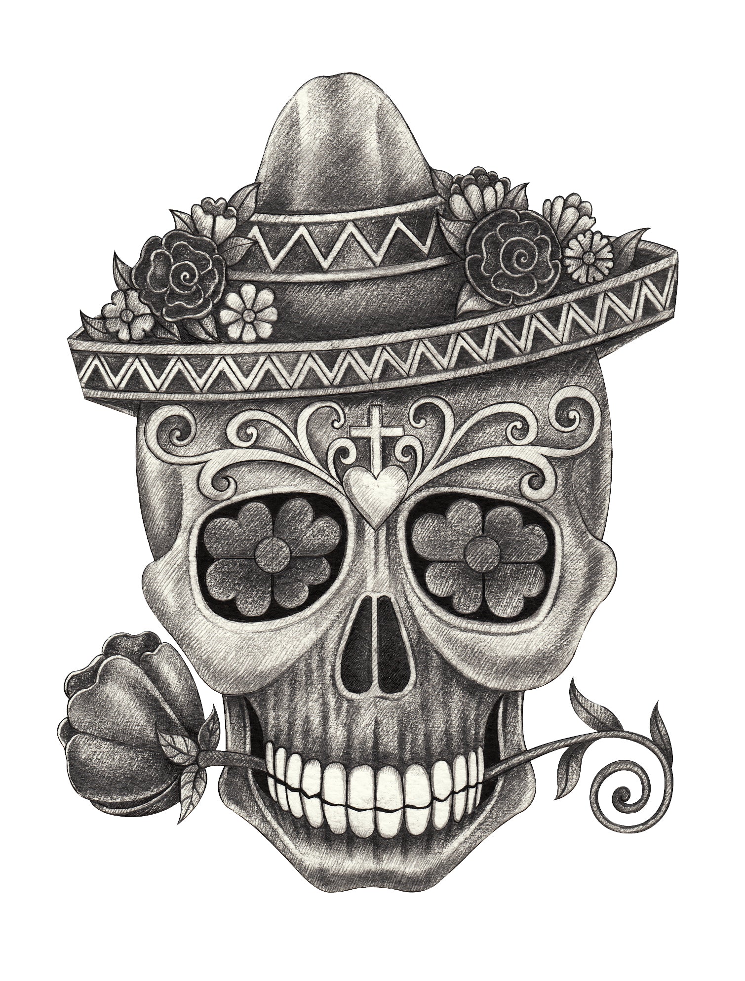 Pencil Sketch Skull with Rose Sombrero and Flower Vinyl Decal Sticker