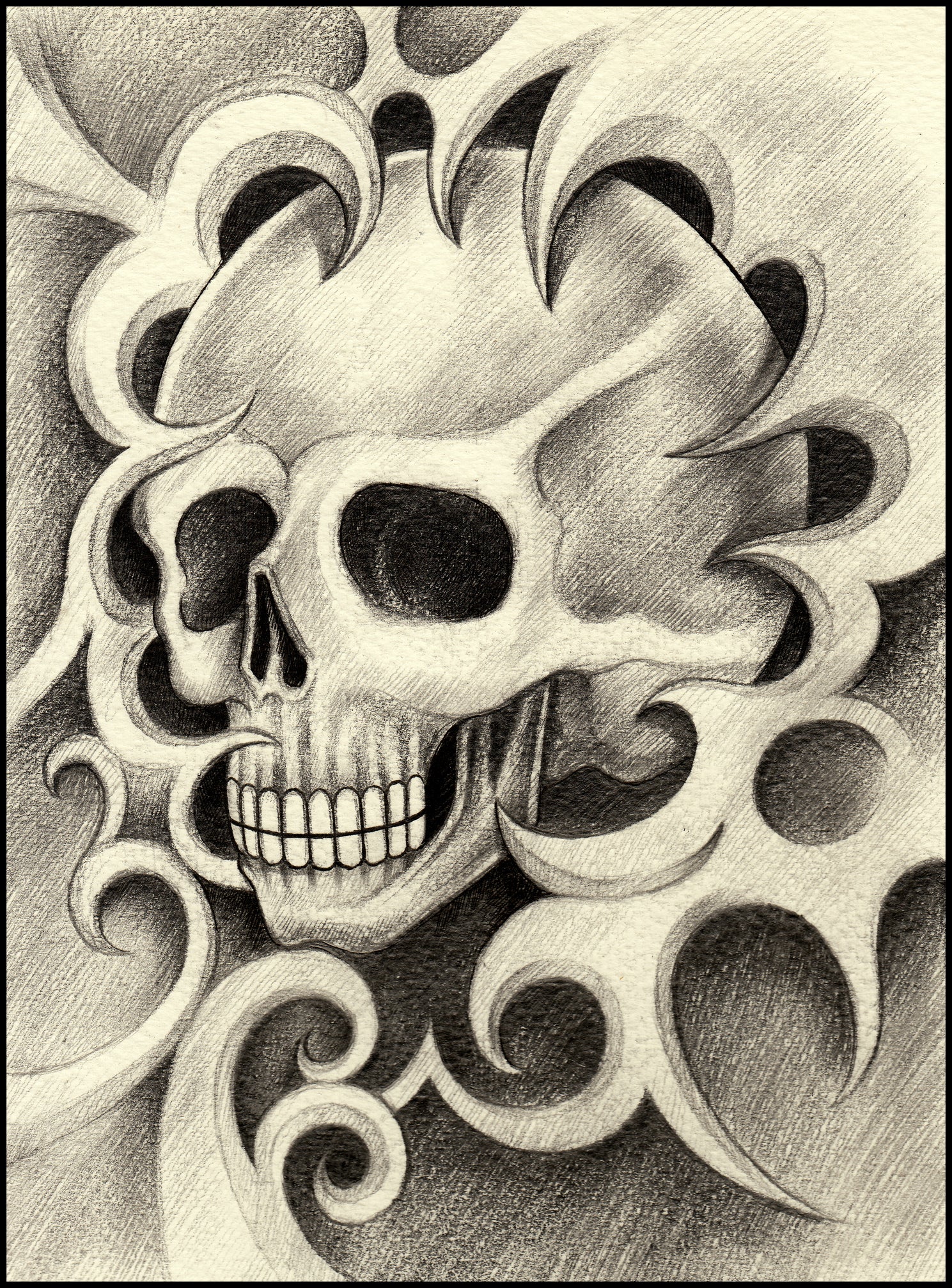 Pencil Sketch Skull with Wave Swirls #1 Vinyl Decal Sticker