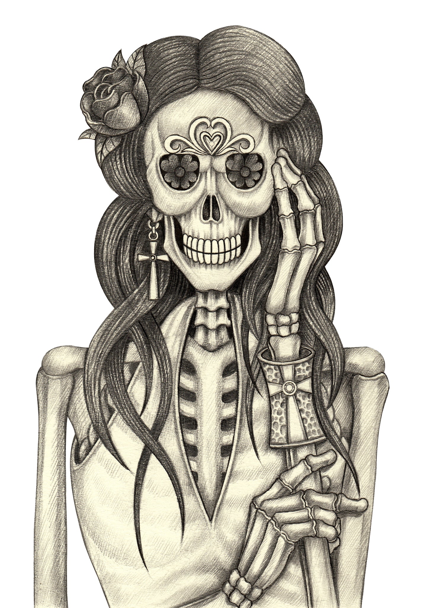 Pencil Sketch Woman Skeleton with Jewelry and Flowers #3 Vinyl Decal Sticker
