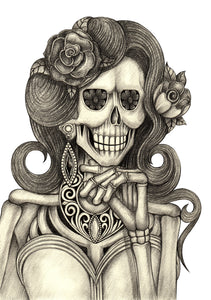 Pencil Sketch Woman Skeleton with Jewelry and Flowers #6 Vinyl Decal Sticker
