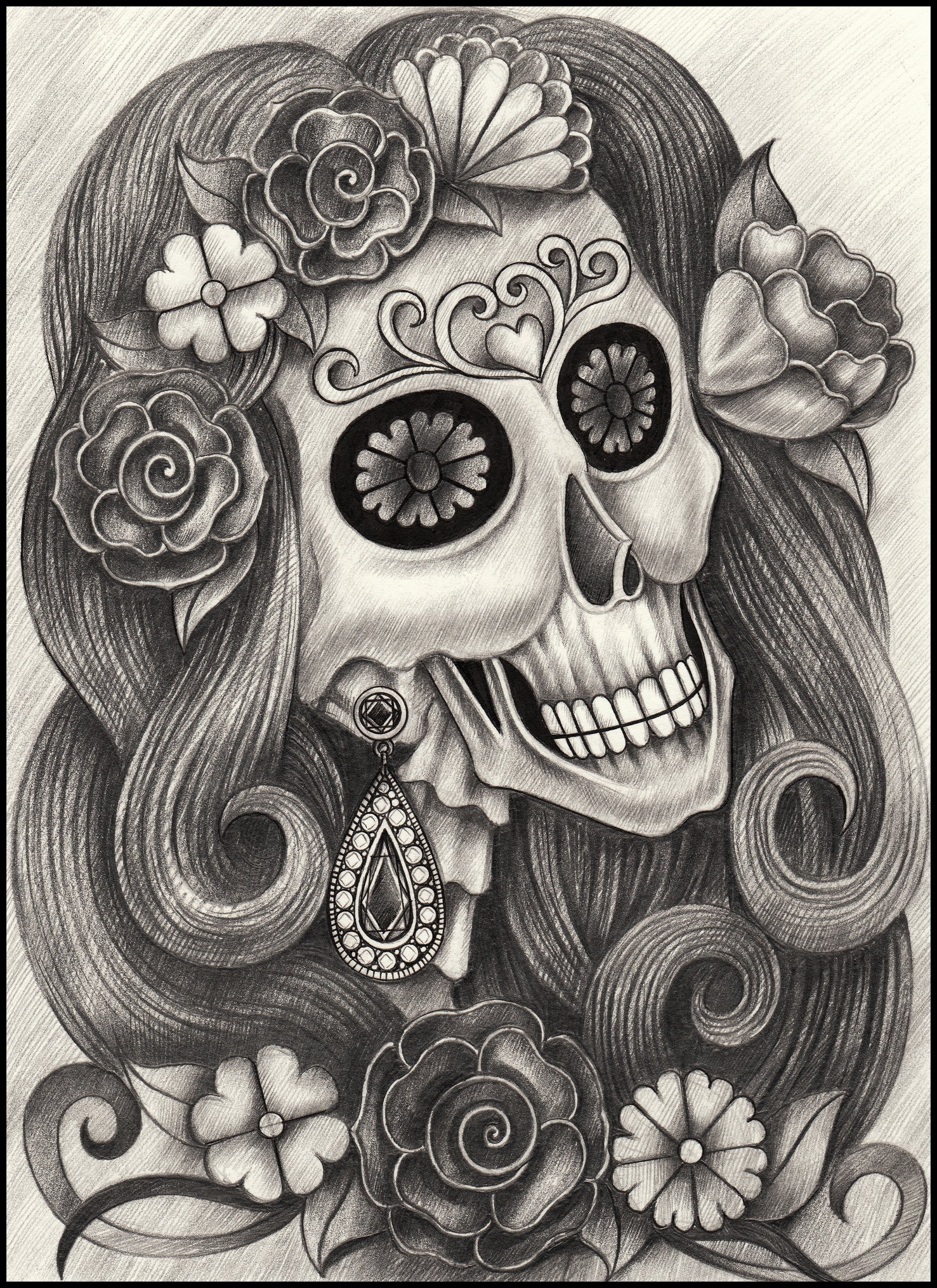 Pencil Sketch Woman Skeleton with Jewelry and Flowers Portrait #1 Vinyl Decal Sticker