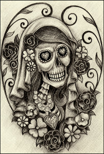 Pencil Sketch Woman Skeleton with Jewelry and Flowers Portrait #2 Vinyl Decal Sticker
