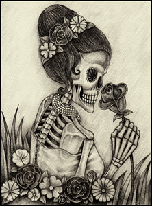 Pencil Sketch Woman Skeleton with Jewelry and Flowers Portrait #4 Vinyl Decal Sticker