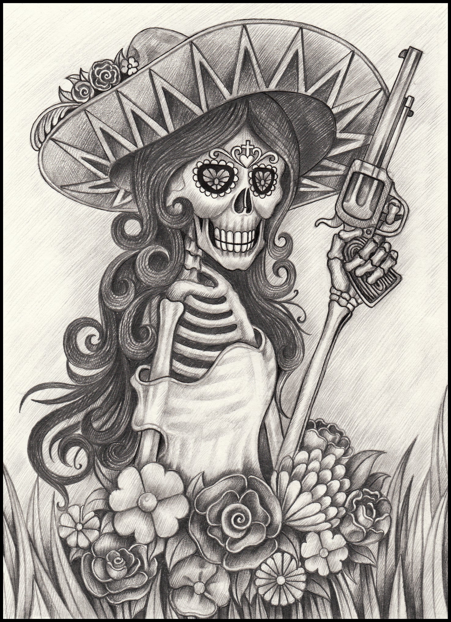 Pencil Sketch Woman Skeleton with Sombrero and Gun Vinyl Decal Sticker
