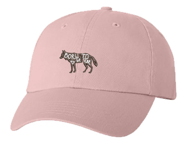 Unisex Adult Washed Dad Hat Nature Quote Calligraphy Animal Silhouette - Born to be Free Wolf Embroidery Sketch Design