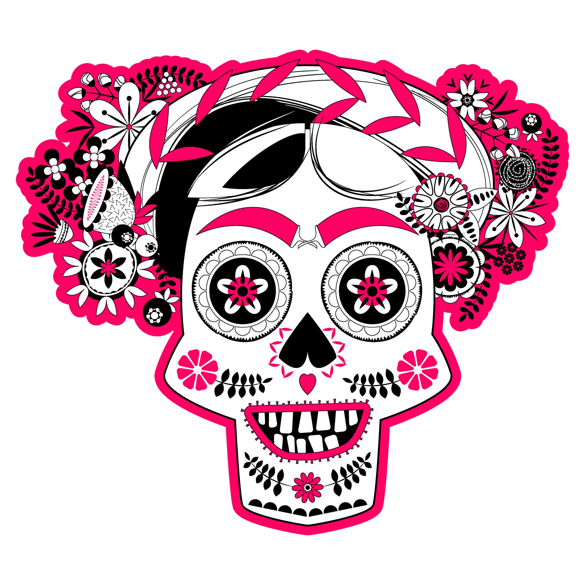 Pink and Black Dia de los Muertos Skull and Flowers Vinyl Decal Sticker