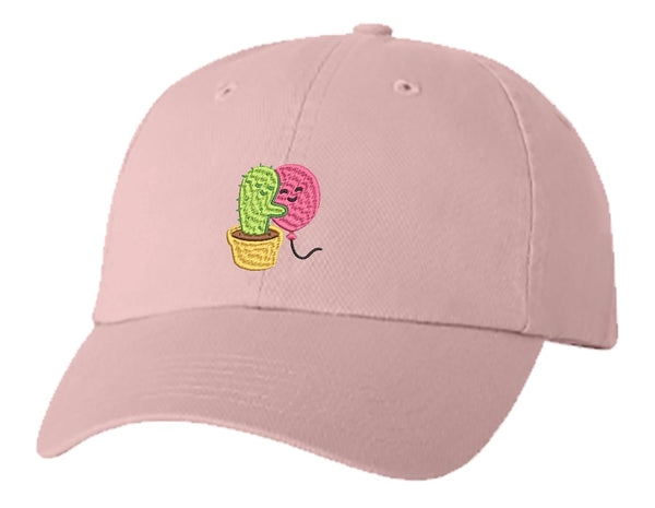 Unisex Adult Washed Dad Hat Sweet Cactus Hugging Pink Balloon Cartoon Emoji Embroidery Sketch Design
