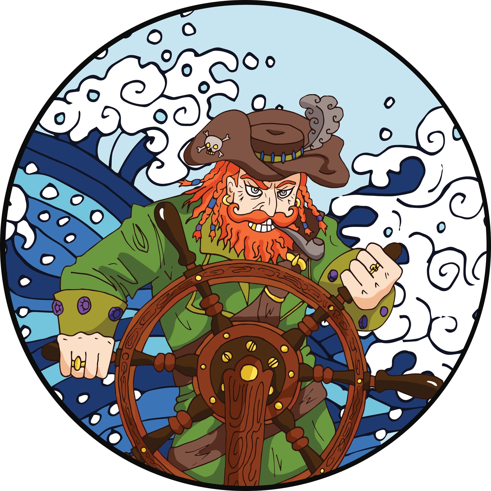 Pirate Sailing in High Seas at Wheel Helm Cartoon Icon Vinyl Decal Sticker