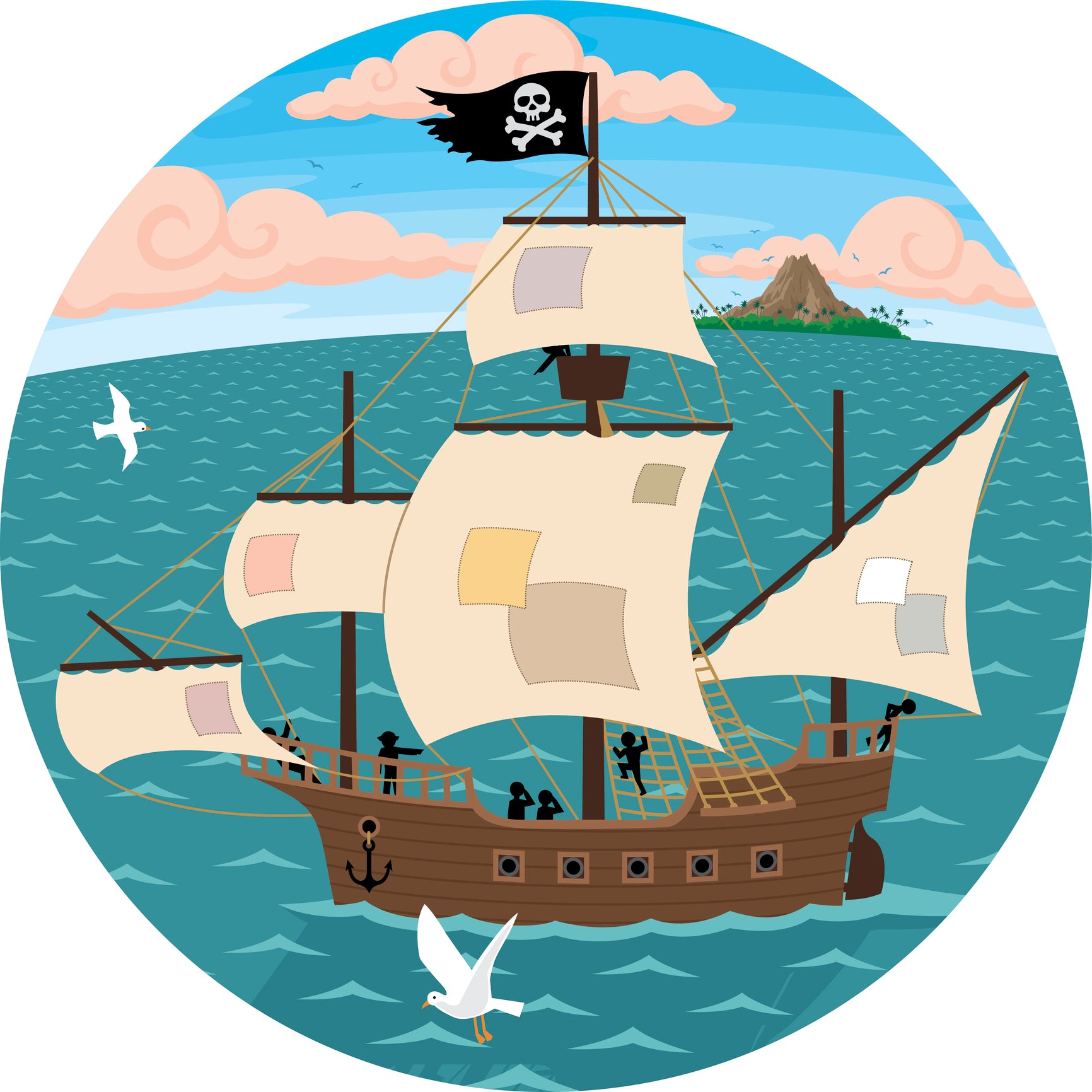 Pirate Ship with Patched Sails in Tropical Waters Cartoon Icon Vinyl Decal Sticker