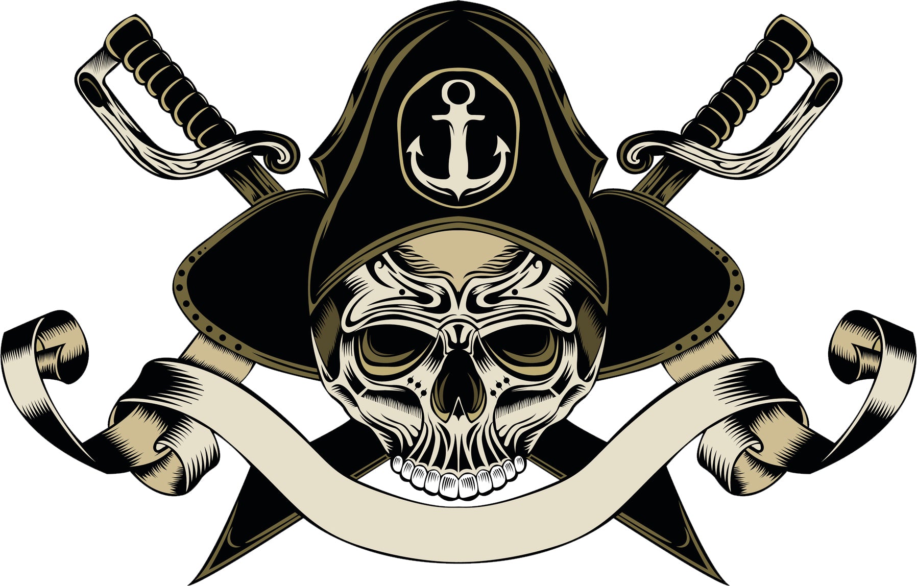 Pirate Skull with Captain Hat with Swords Cartoon Vinyl Decal Sticker