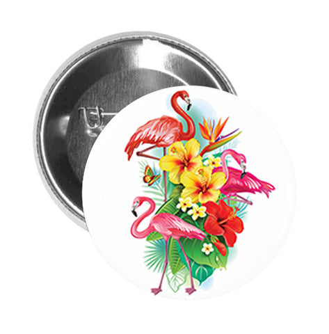 Round Pinback Button Pin Brooch Pretty Tropical Flower Arrangement with Flamingos Cartoon