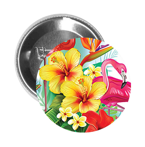 Round Pinback Button Pin Brooch Pretty Tropical Flower Arrangement with Flamingos Cartoon - Zoom