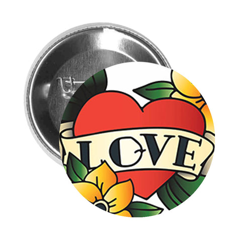 Round Pinback Button Pin Brooch Pretty Vintage Simple Heart Flower Tattoo Art Cartoon  - Zoom