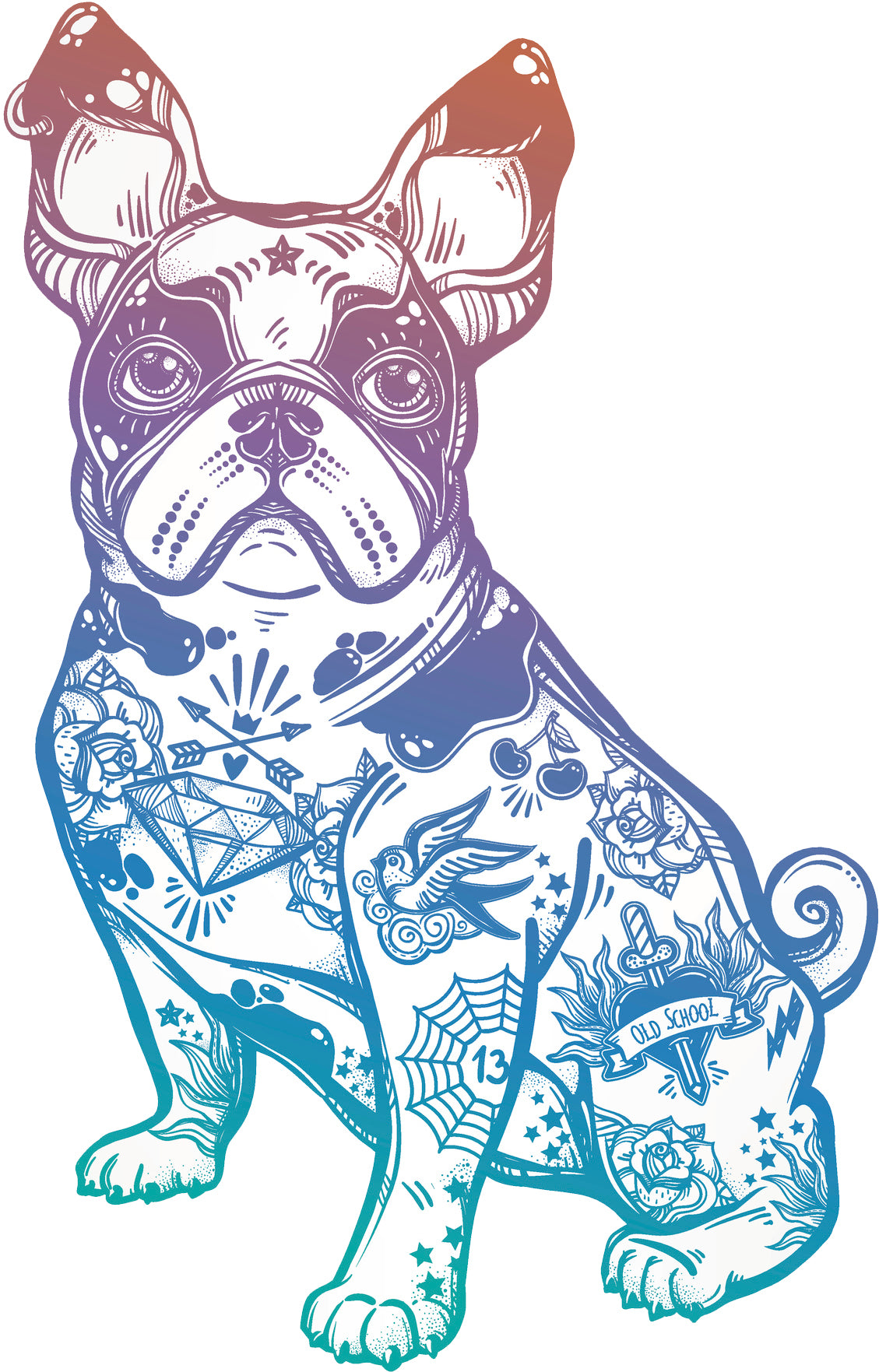 Pretty Pastel Ombre Tattooed French Bulldog Cartoon Art Vinyl Decal Sticker