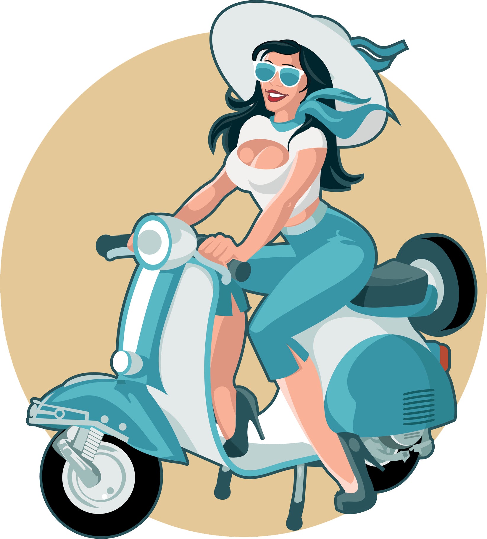 Pretty Sexy Lady on Teal Moped Cartoon Vinyl Decal Sticker – Shinobi  Stickers