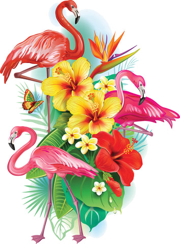 Pretty Tropical Flower Arrangement with Flamingoes Cartoon Vinyl Decal Sticker