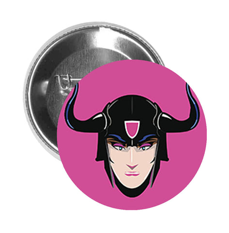 Round Pinback Button Pin Brooch Purple Warrior Woman with Horned Helmet Shield Cartoon - Zoom