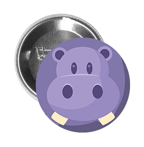 Round Pinback Button Pin Brooch Purple Zoo Hippo Cartoon Icon - Zoom