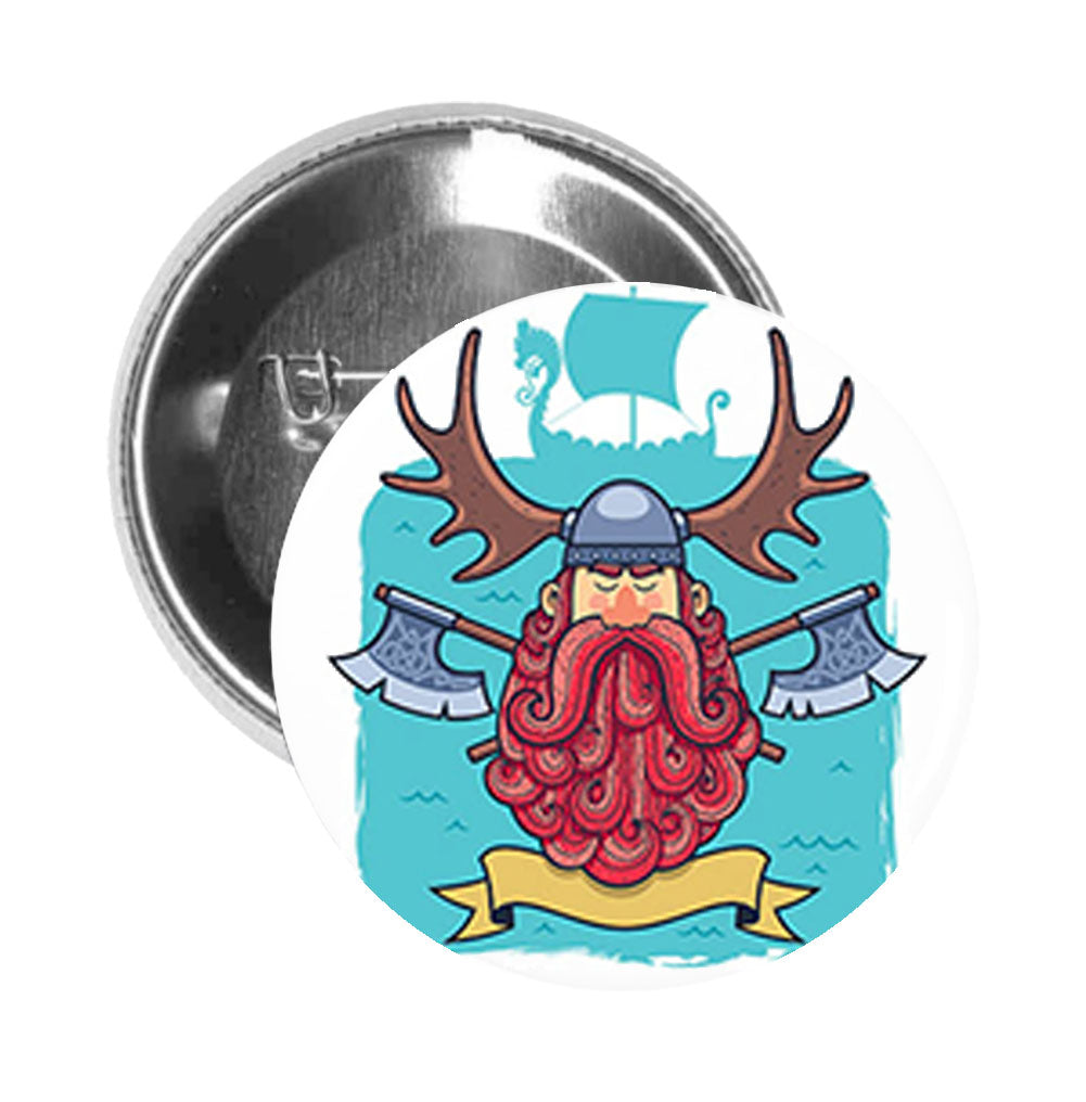 Round Pinback Button Pin Brooch Red Beard Viking Warrior with Antler Helmet Cartoon Icon