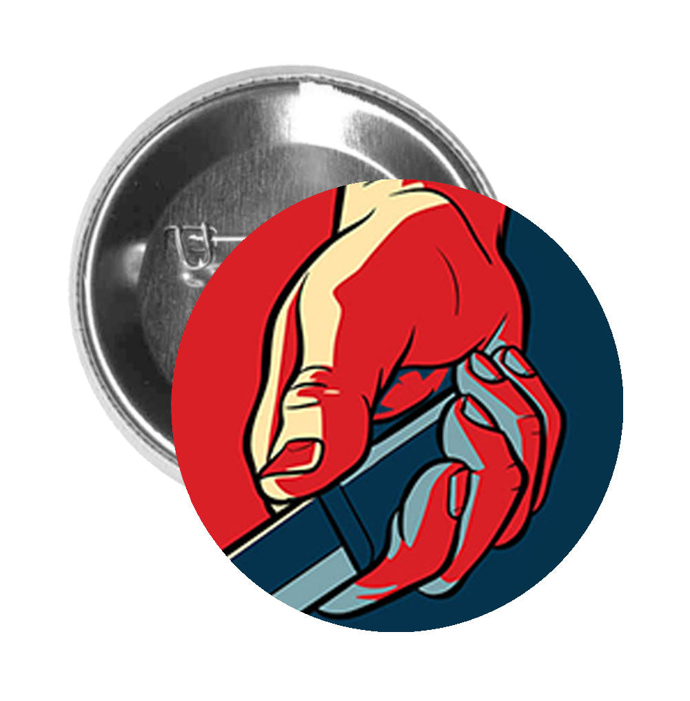 Round Pinback Button Pin Brooch Red Blue Comic Political Style Bloody Knight and Hand Cartoon Icon - Zoom