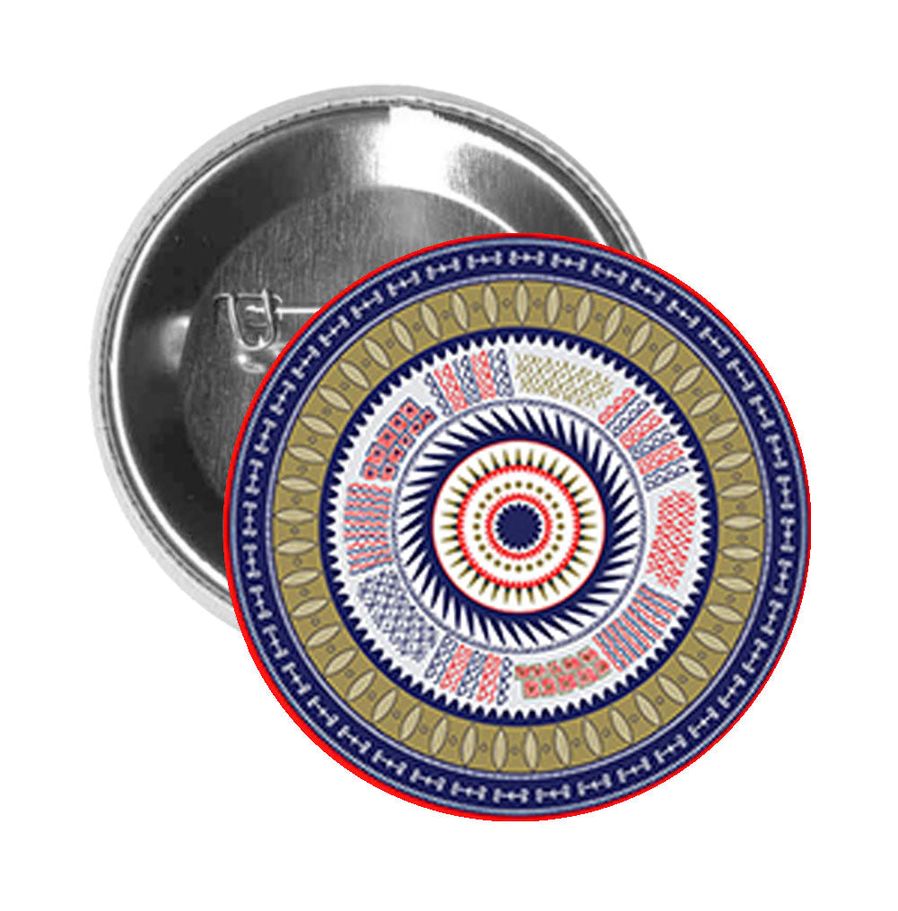 Round Pinback Button Pin Brooch Red Blue Olive Orange Tribal Pattern Medallion Icon