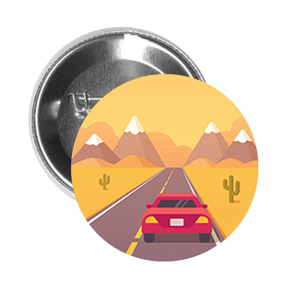 Round Pinback Button Pin Brooch Red Car in Desert Mountain Roadtrip Cartoon Icon