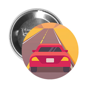 Round Pinback Button Pin Brooch Red Car in Desert Mountain Roadtrip Cartoon Icon - Zoom