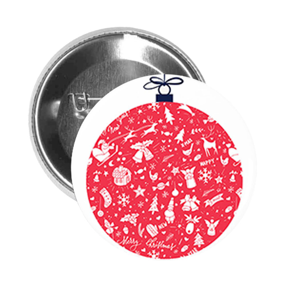 Round Pinback Button Pin Brooch Red Christmas Holiday Patterned Ornament