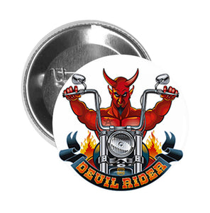Round Pinback Button Pin Brooch Red Devil Rider on Motorcycle with Flames Cartoon Icon
