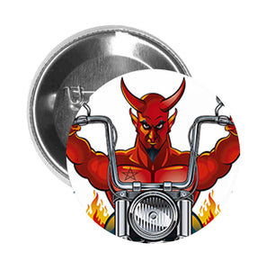 Round Pinback Button Pin Brooch Red Devil Rider on Motorcycle with Flames Cartoon Icon - Zoom