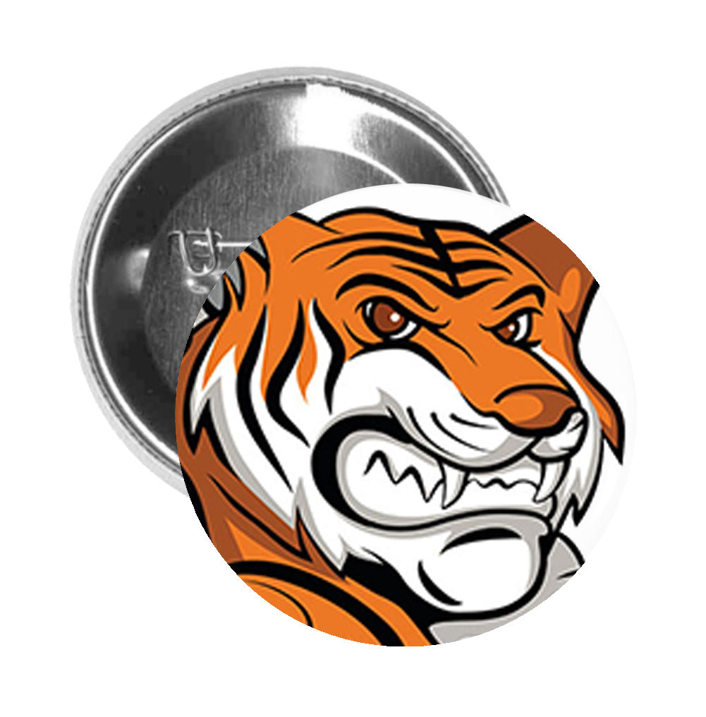 Round Pinback Button Pin Brooch Red Eyed Orange Stripped Tiger Cartoon Mascot - Zoom