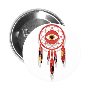 Round Pinback Button Pin Brooch Red Feather Dream Catcher with Eye Center