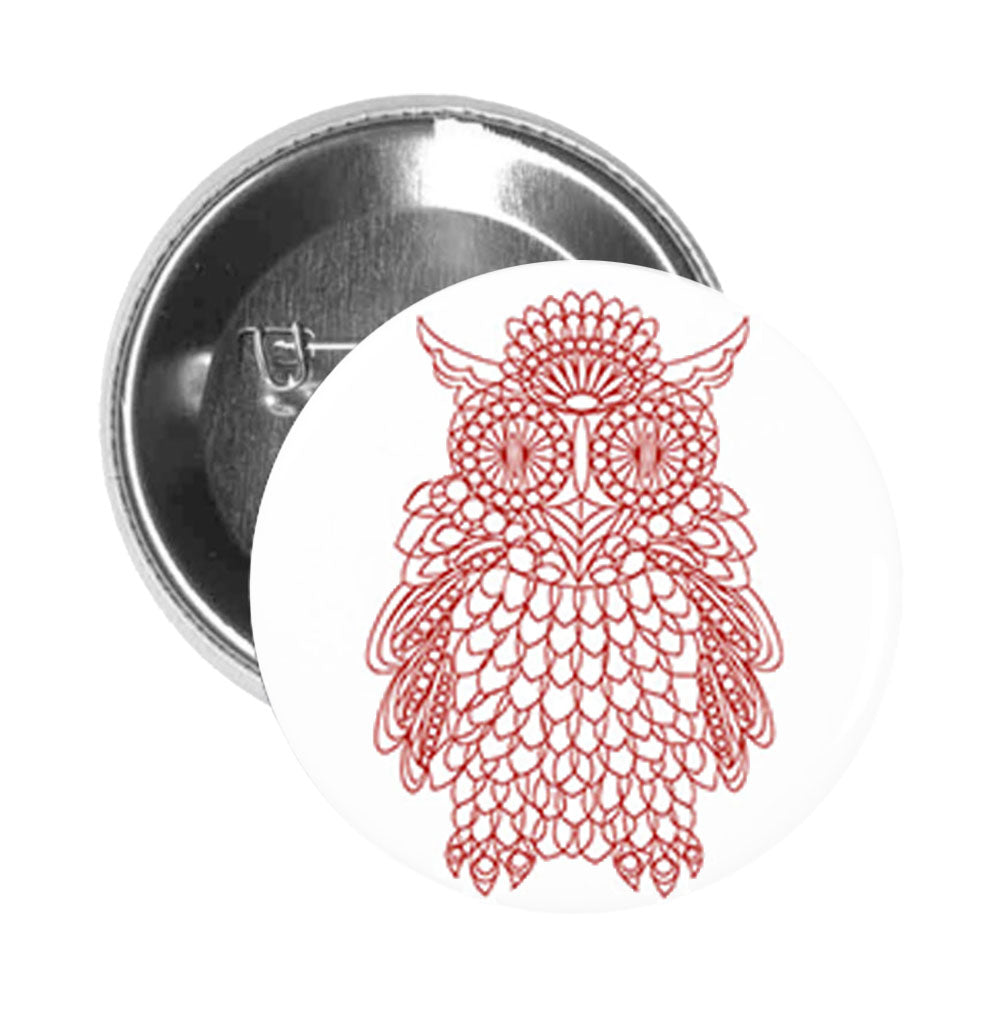 Round Pinback Button Pin Brooch Red Geometric Owl Outline Cartoon