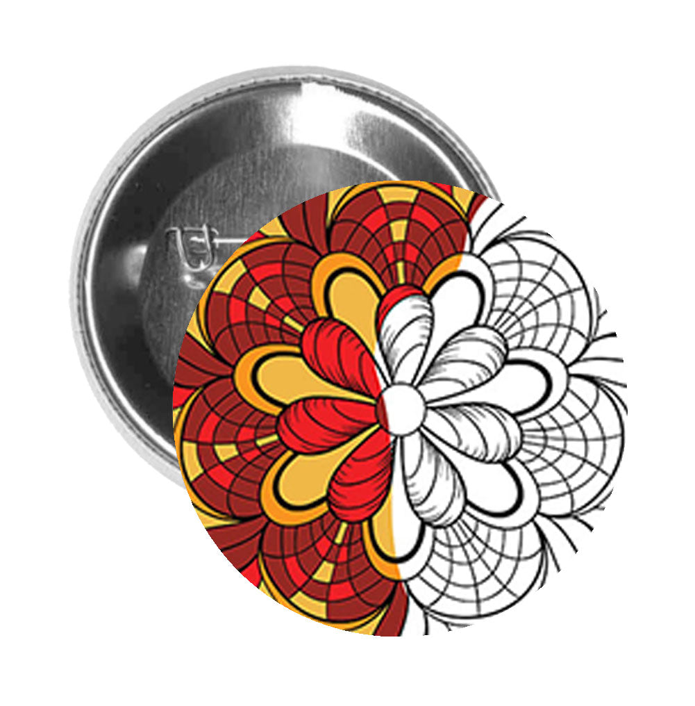 Round Pinback Button Pin Brooch Red Half Colored Mandala Flower - Zoom