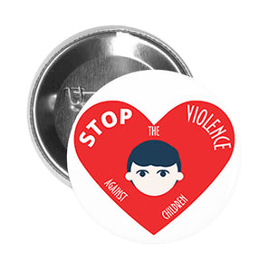 Round Pinback Button Pin Brooch Red Heart Awareness Advocate Cartoon - Stop The Violence Against Children