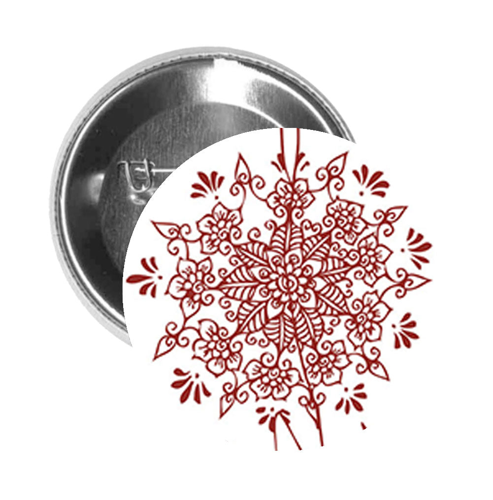 Round Pinback Button Pin Brooch Red Henna Tattoo Mandala Flower Hand Art Cartoon #1 - Zoom