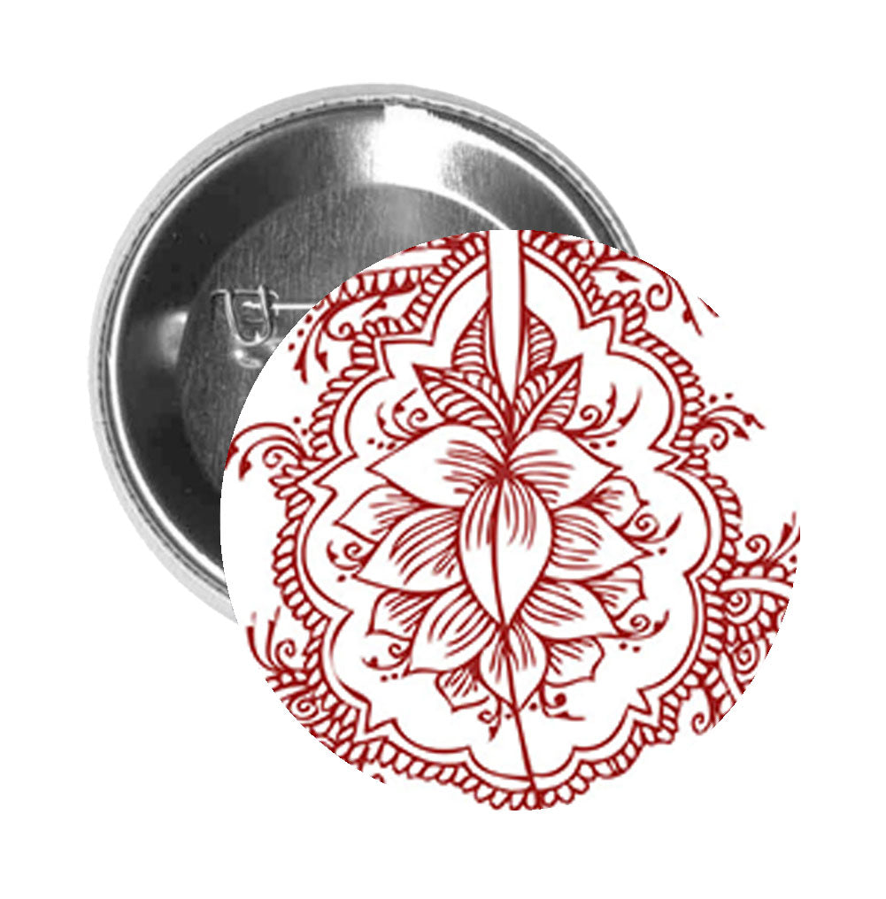 Round Pinback Button Pin Brooch Red Henna Tattoo Mandala Flower Hand Art Cartoon #2 - Zoom