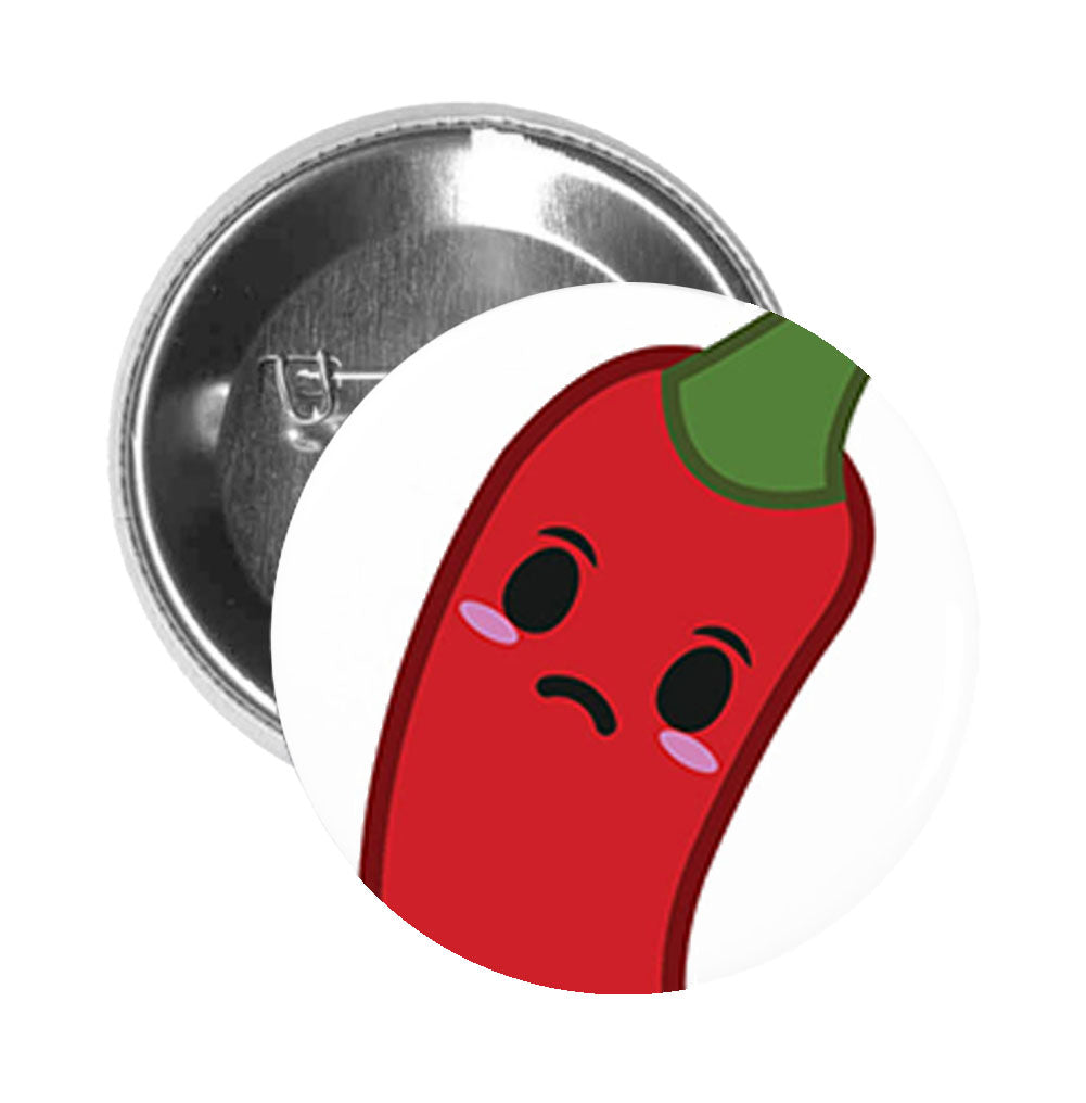 Round Pinback Button Pin Brooch Red Hot Chilli Chili Vegetable Cartoon Emoji - Sad Frown - Zoom
