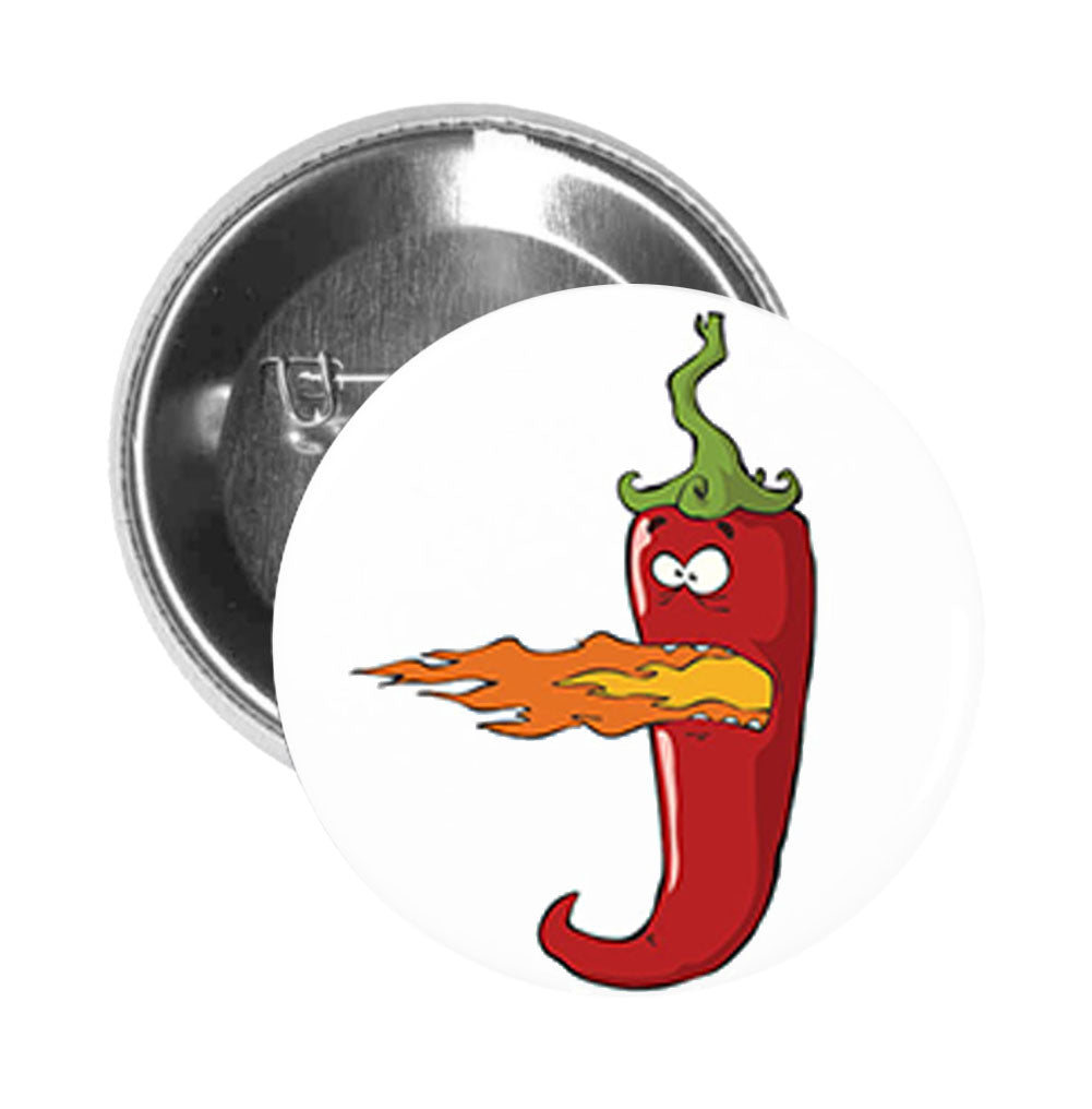 Round Pinback Button Pin Brooch Red Hot Pepper with Flames in Mouth Cartoon Emoji
