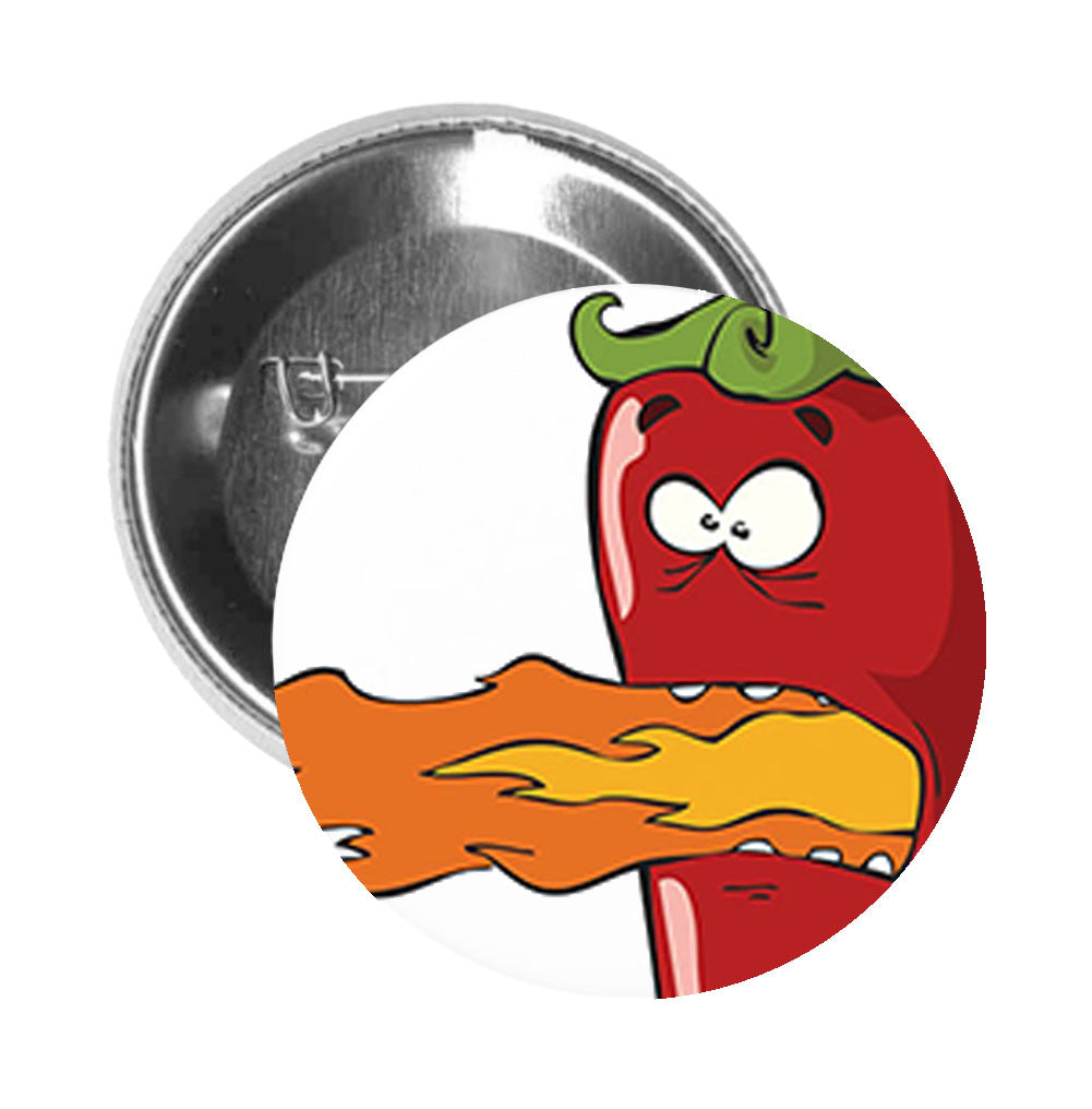Round Pinback Button Pin Brooch Red Hot Pepper with Flames in Mouth Cartoon Emoji - Zoom