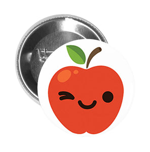Round Pinback Button Pin Brooch Red Juicy Apple Emoji - Winking