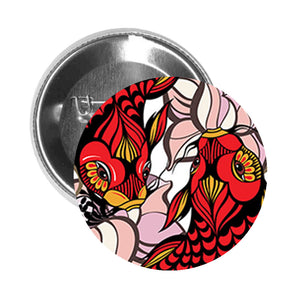Round Pinback Button Pin Brooch Red Koi Fish with Peach Lotus Flowers - Zoom