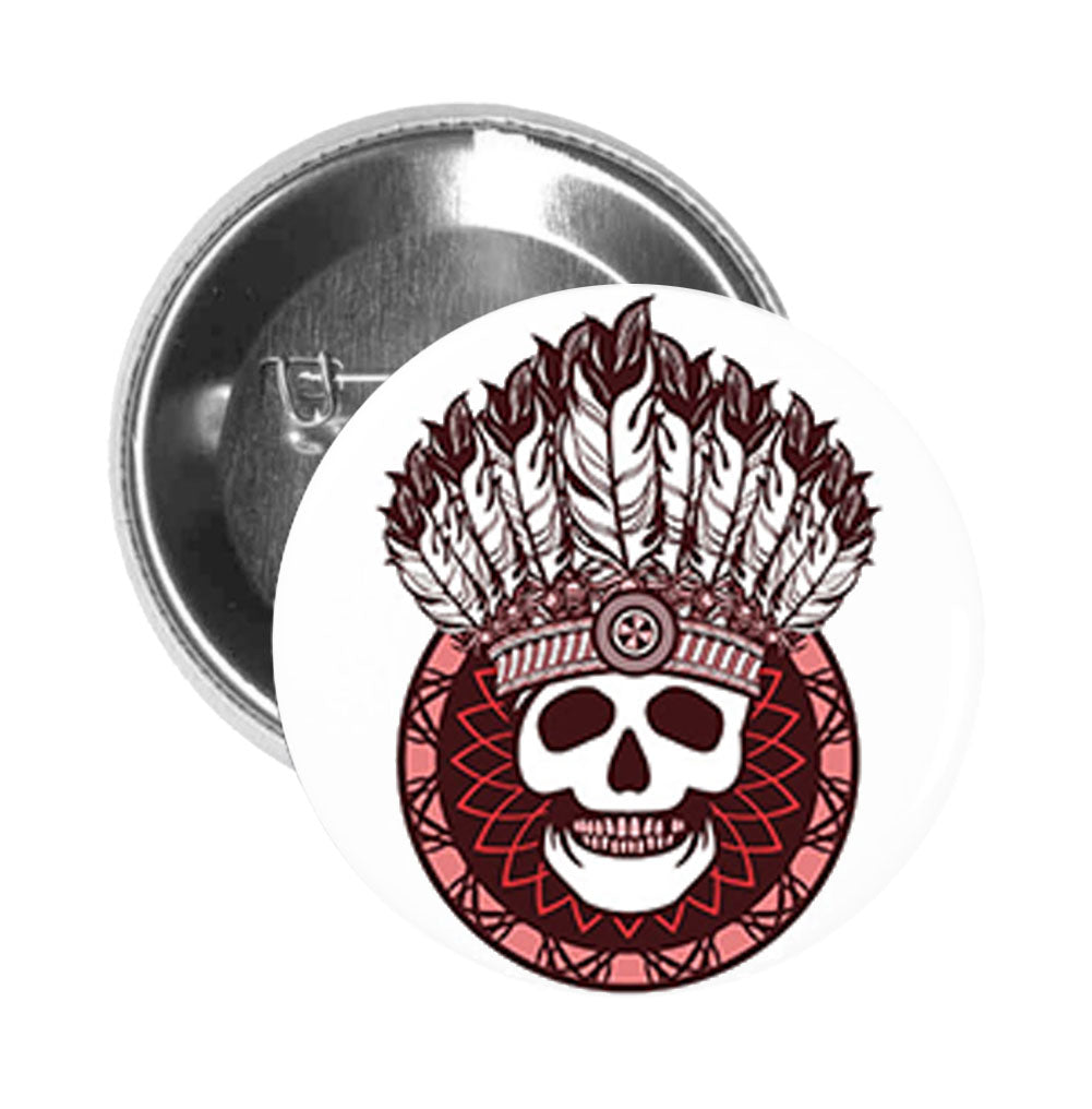 Round Pinback Button Pin Brooch Red Maroon Native American Skull and Headdress Icon