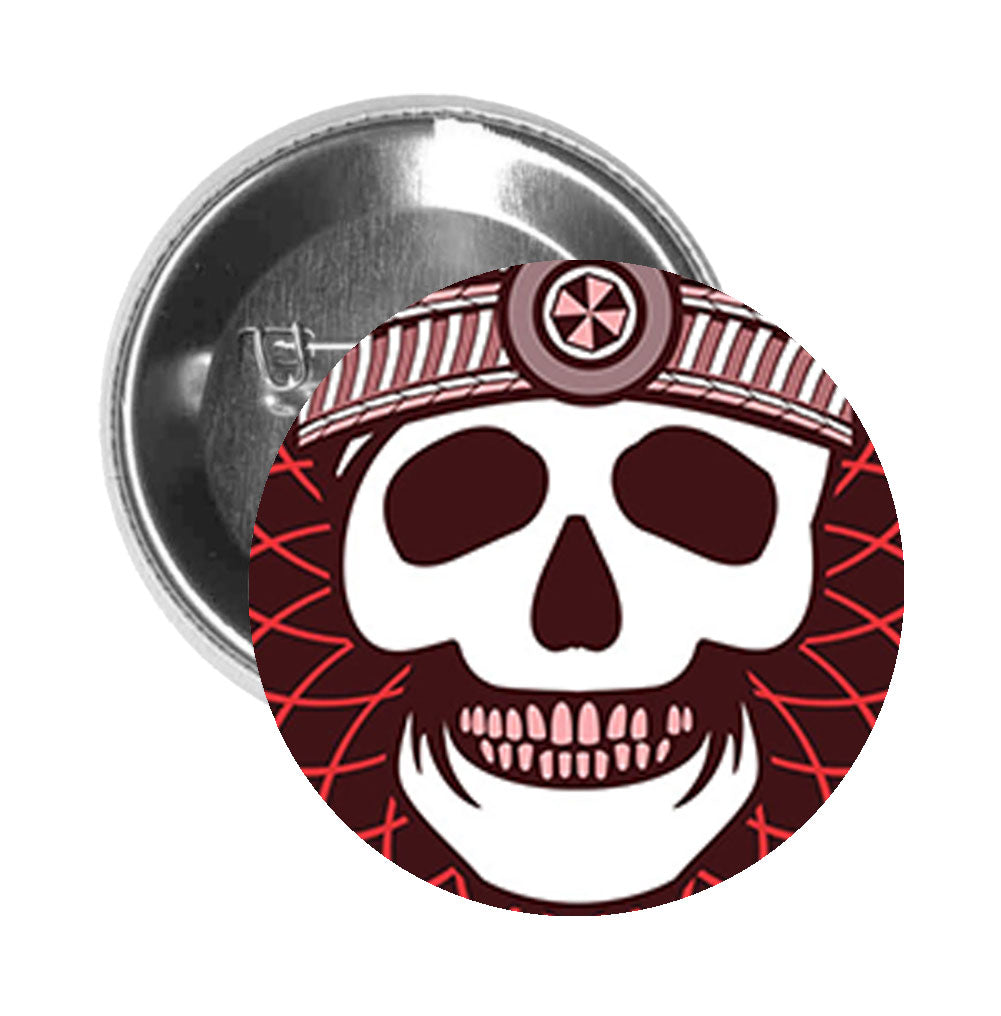 Round Pinback Button Pin Brooch Red Maroon Native American Skull and Headdress Icon - Zoom
