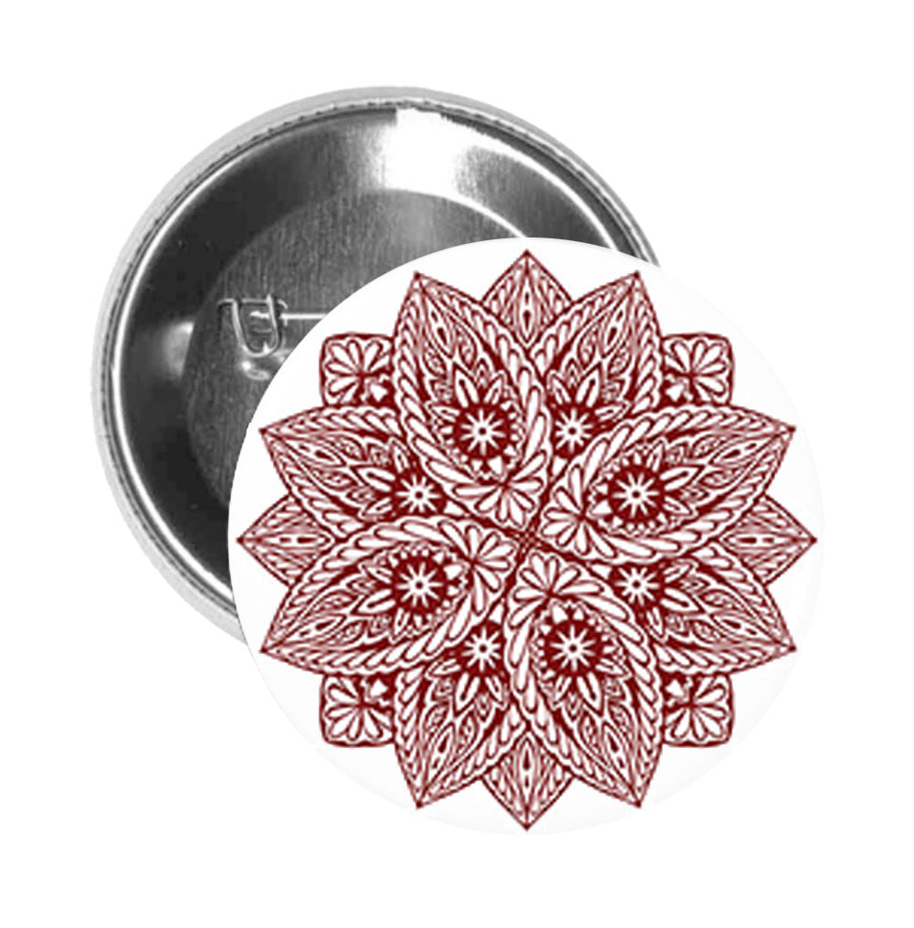 Round Pinback Button Pin Brooch Red Maroon Tribal Pattern Mandala Flower