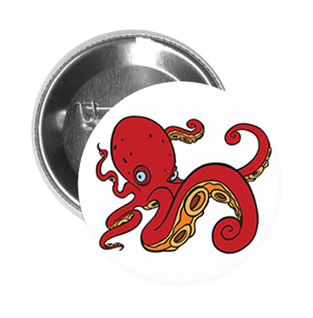 Round Pinback Button Pin Brooch Red Octopus Squid Cartoon