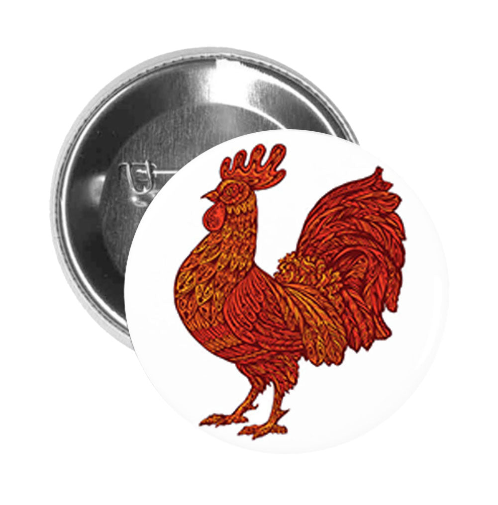Round Pinback Button Pin Brooch Red Orange Tribal Print Rooster Cartoon