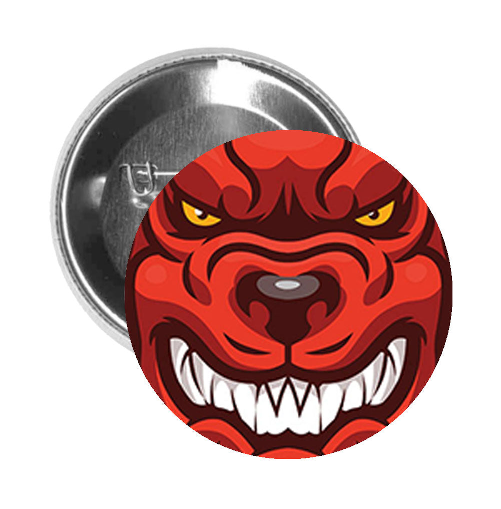 Round Pinback Button Pin Brooch Red Pitbull Scary Dog Danger Beware Tough Angry Animal Cartoon - Zoom