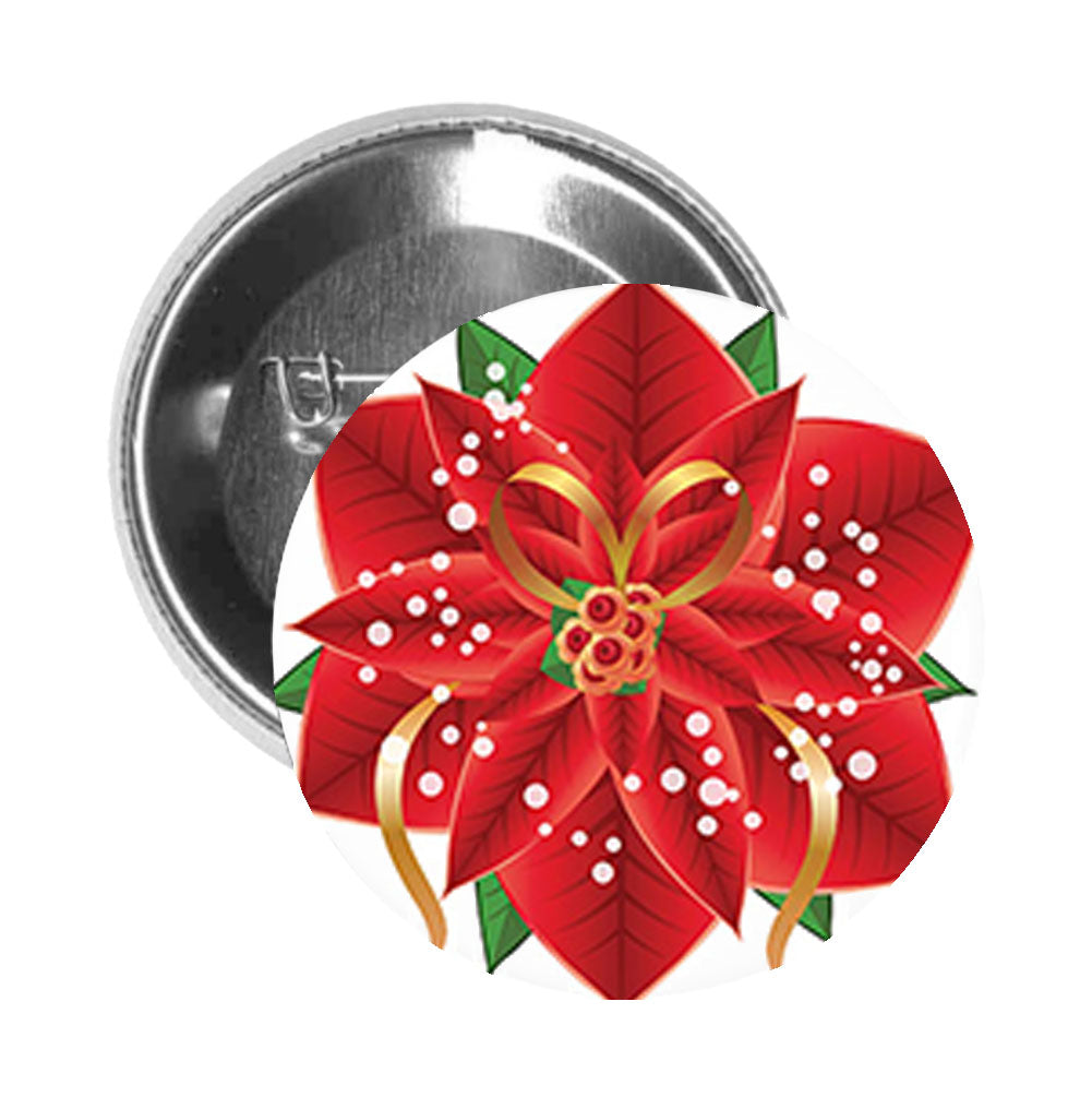 Round Pinback Button Pin Brooch Red Poinsettia with Golden Ribbon